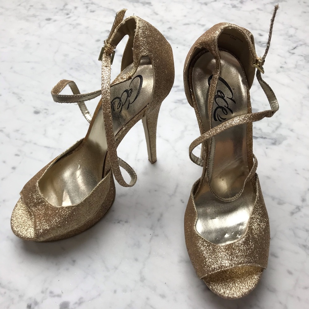 CeCe Gold Glitter Metallic Open Toe Stiletto Heels - Picture 1 of 11